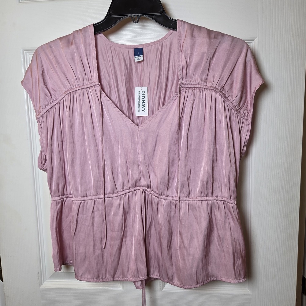 Old Navy sz L Shirrred Tie Bergamot Pink satiny Top NWT romantic feminine